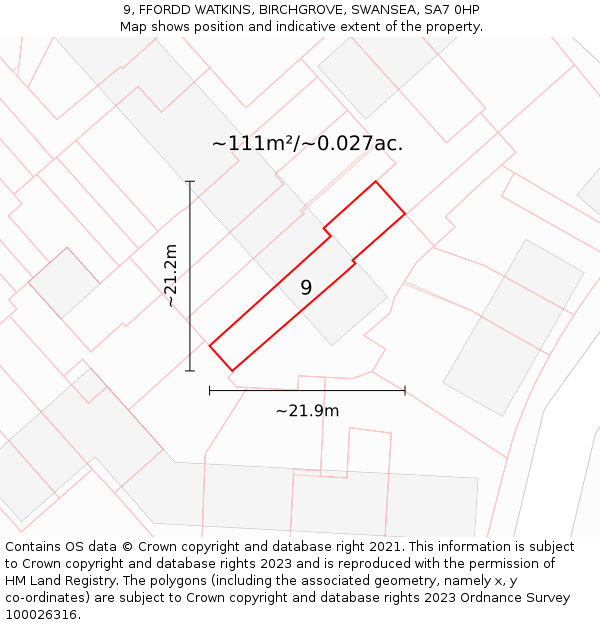9, FFORDD WATKINS, BIRCHGROVE, SWANSEA, SA7 0HP: Plot and title map
