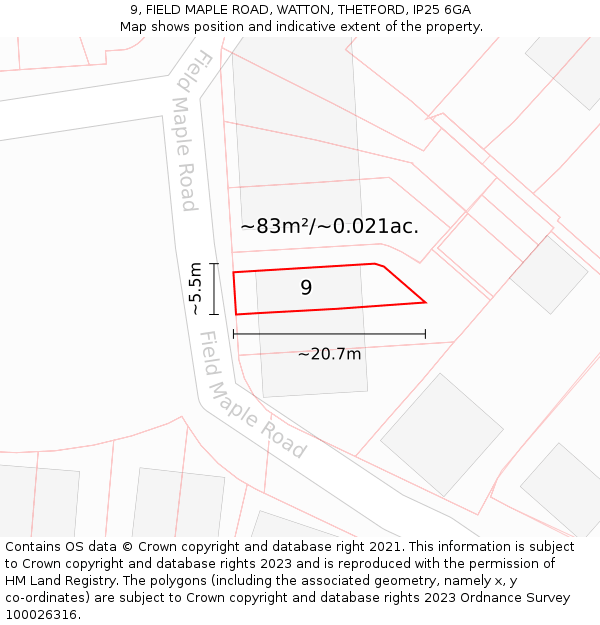 9, FIELD MAPLE ROAD, WATTON, THETFORD, IP25 6GA: Plot and title map