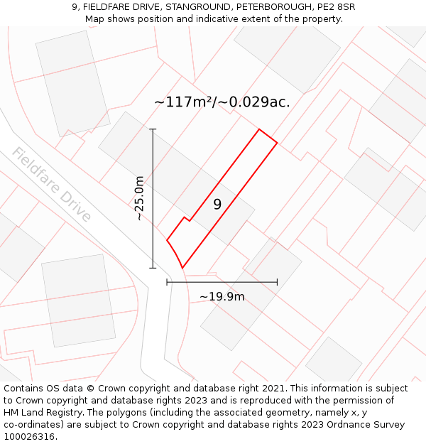 9, FIELDFARE DRIVE, STANGROUND, PETERBOROUGH, PE2 8SR: Plot and title map