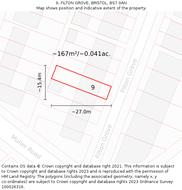9, FILTON GROVE, BRISTOL, BS7 0AN: Plot and title map