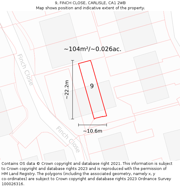 9, FINCH CLOSE, CARLISLE, CA1 2WB: Plot and title map
