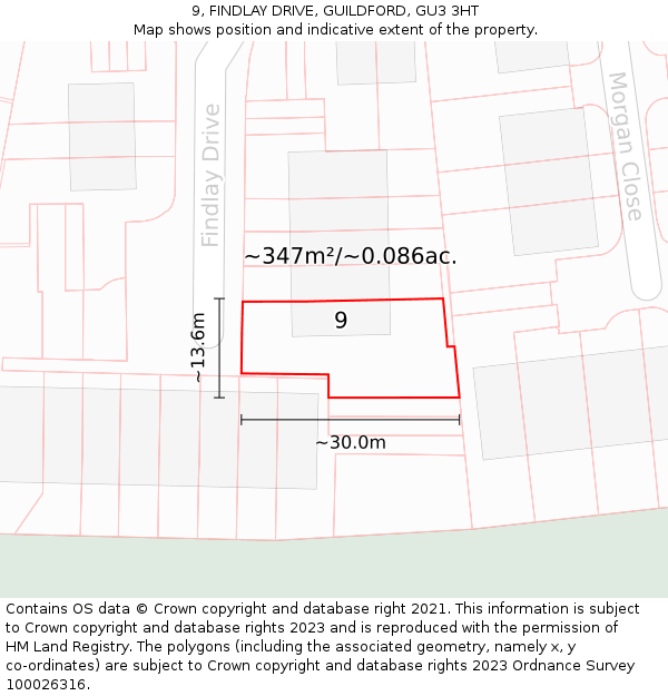 9, FINDLAY DRIVE, GUILDFORD, GU3 3HT: Plot and title map