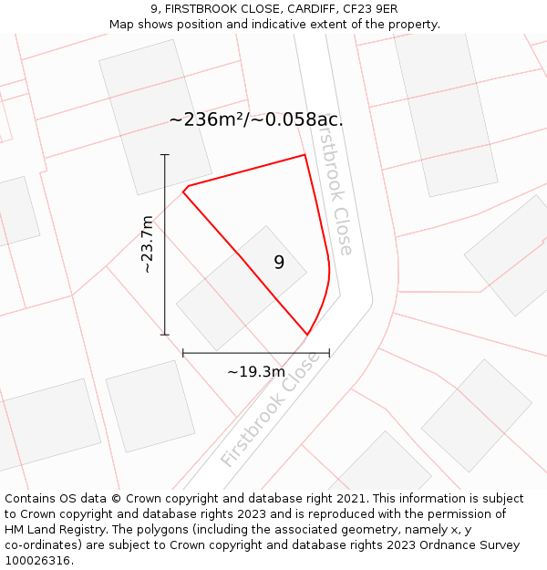 9, FIRSTBROOK CLOSE, CARDIFF, CF23 9ER: Plot and title map