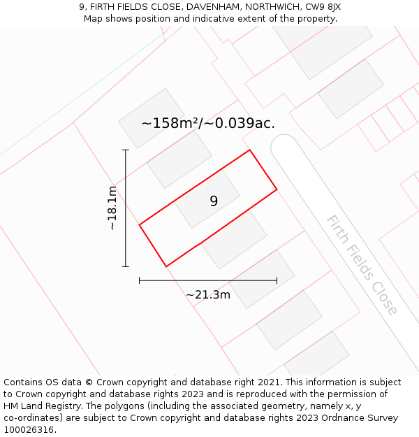 9, FIRTH FIELDS CLOSE, DAVENHAM, NORTHWICH, CW9 8JX: Plot and title map