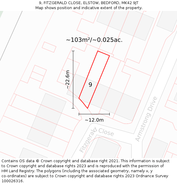 9, FITZGERALD CLOSE, ELSTOW, BEDFORD, MK42 9JT: Plot and title map