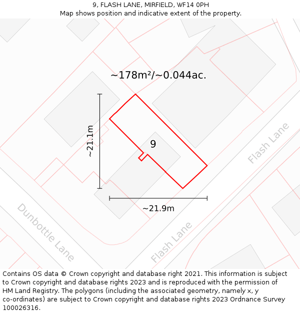 9, FLASH LANE, MIRFIELD, WF14 0PH: Plot and title map