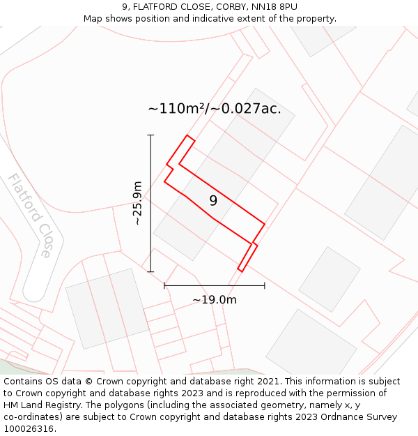 9, FLATFORD CLOSE, CORBY, NN18 8PU: Plot and title map