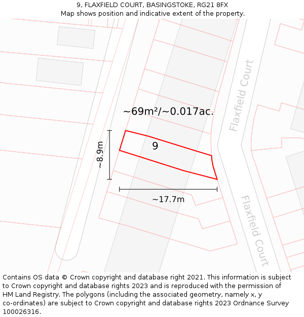 9, FLAXFIELD COURT, BASINGSTOKE, RG21 8FX: Plot and title map