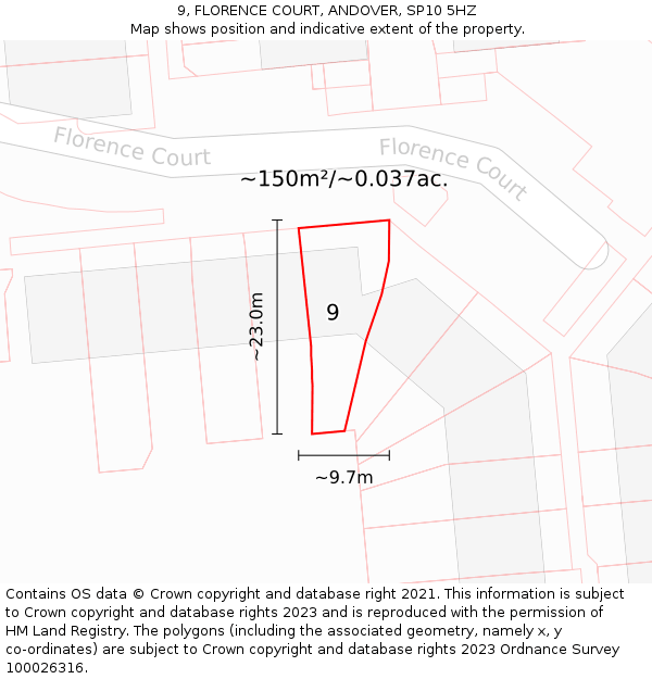 9, FLORENCE COURT, ANDOVER, SP10 5HZ: Plot and title map