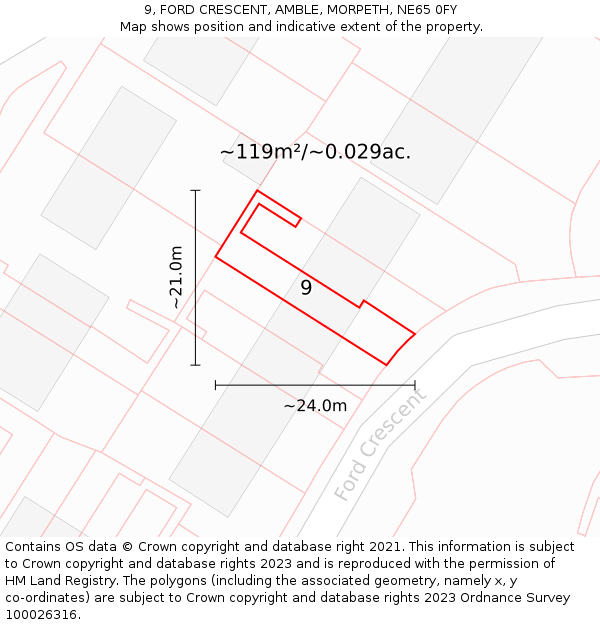 9, FORD CRESCENT, AMBLE, MORPETH, NE65 0FY: Plot and title map