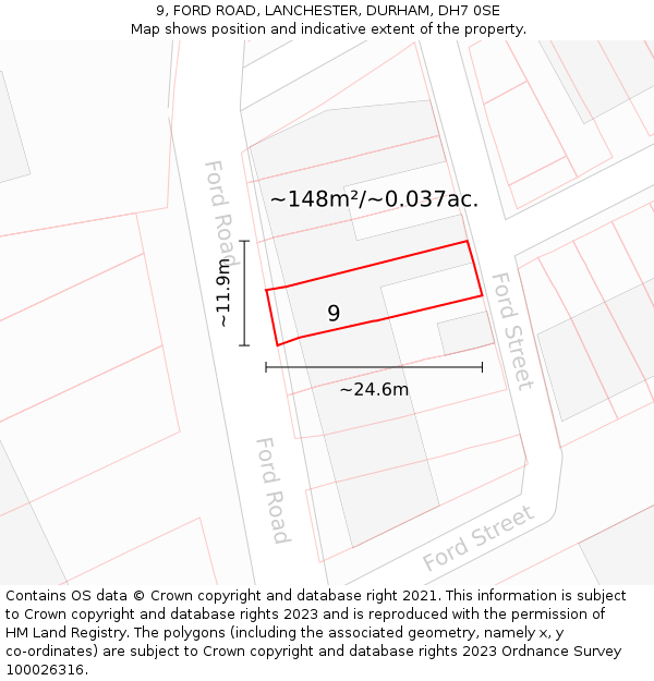 9, FORD ROAD, LANCHESTER, DURHAM, DH7 0SE: Plot and title map