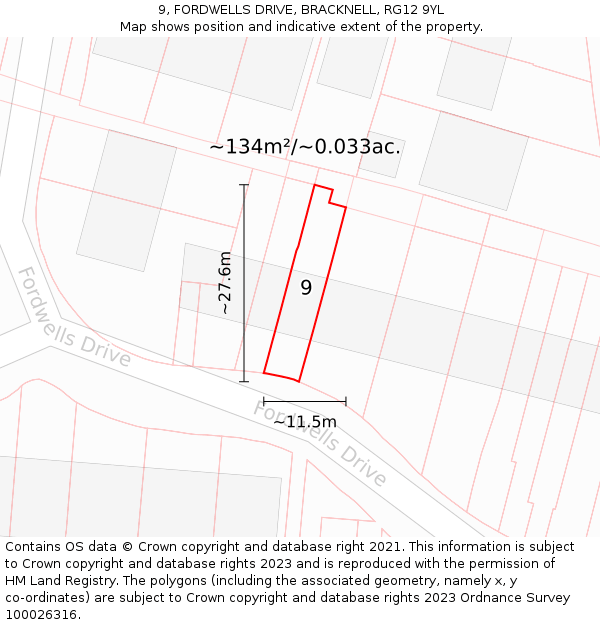 9, FORDWELLS DRIVE, BRACKNELL, RG12 9YL: Plot and title map