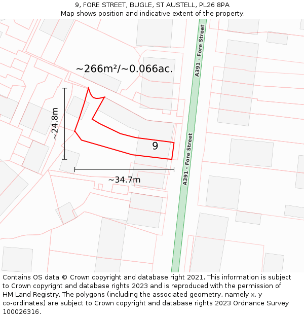 9, FORE STREET, BUGLE, ST AUSTELL, PL26 8PA: Plot and title map