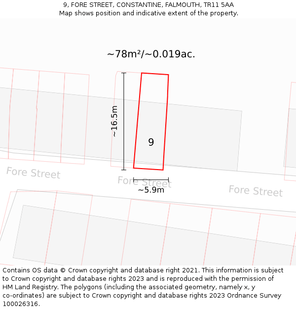 9, FORE STREET, CONSTANTINE, FALMOUTH, TR11 5AA: Plot and title map