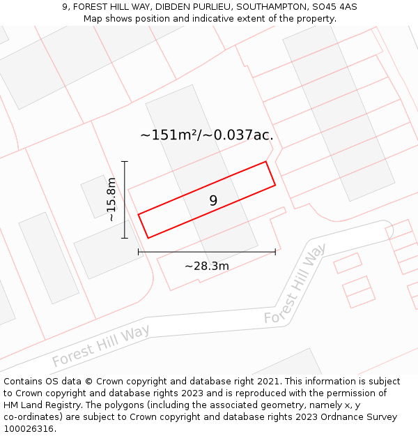 9, FOREST HILL WAY, DIBDEN PURLIEU, SOUTHAMPTON, SO45 4AS: Plot and title map
