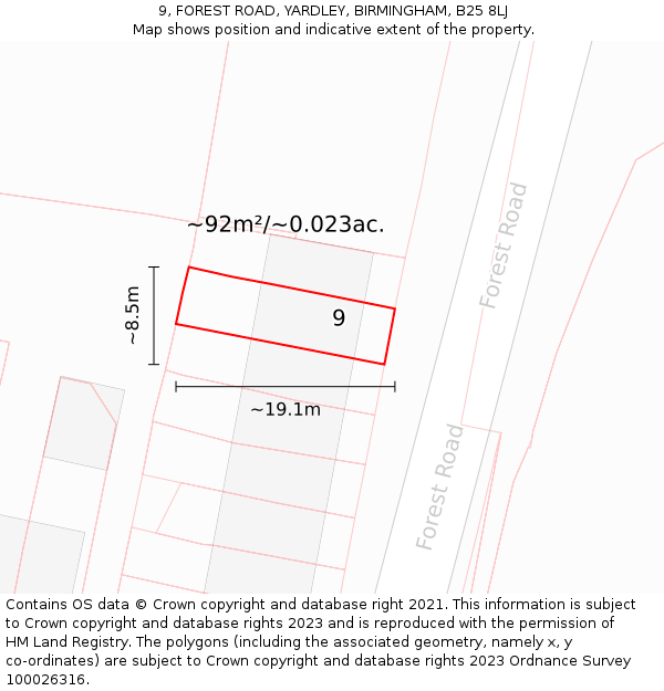9, FOREST ROAD, YARDLEY, BIRMINGHAM, B25 8LJ: Plot and title map