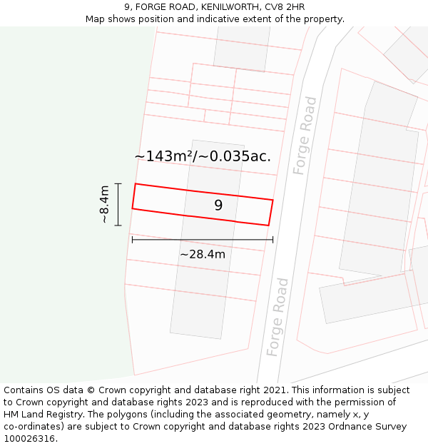 9, FORGE ROAD, KENILWORTH, CV8 2HR: Plot and title map