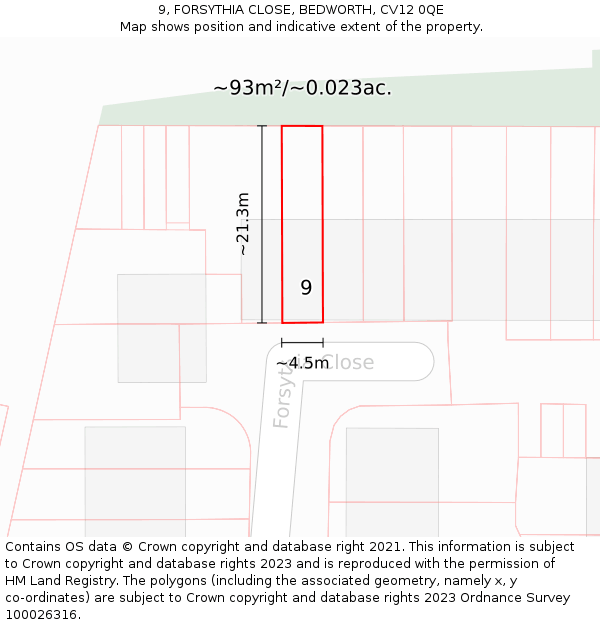9, FORSYTHIA CLOSE, BEDWORTH, CV12 0QE: Plot and title map