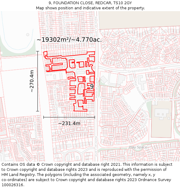 9, FOUNDATION CLOSE, REDCAR, TS10 2GY: Plot and title map