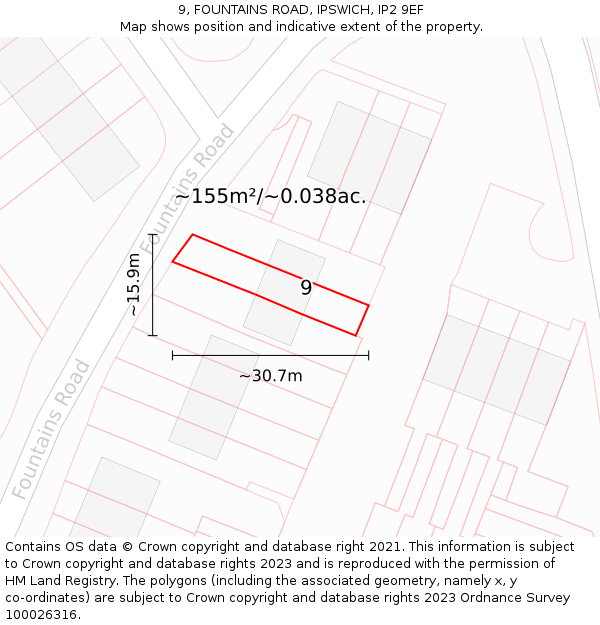 9, FOUNTAINS ROAD, IPSWICH, IP2 9EF: Plot and title map