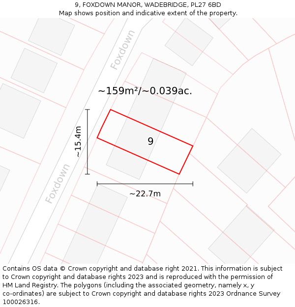 9, FOXDOWN MANOR, WADEBRIDGE, PL27 6BD: Plot and title map