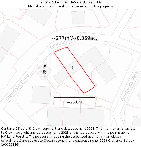9, FOXES LAIR, OKEHAMPTON, EX20 1LA: Plot and title map