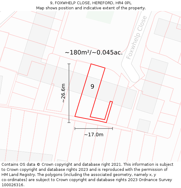 9, FOXWHELP CLOSE, HEREFORD, HR4 0PL: Plot and title map