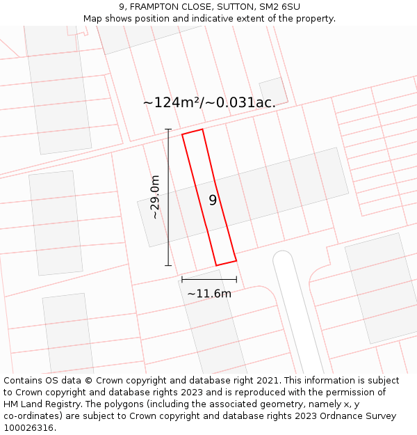 9, FRAMPTON CLOSE, SUTTON, SM2 6SU: Plot and title map