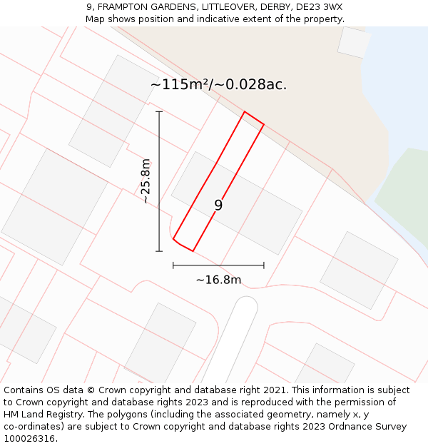 9, FRAMPTON GARDENS, LITTLEOVER, DERBY, DE23 3WX: Plot and title map