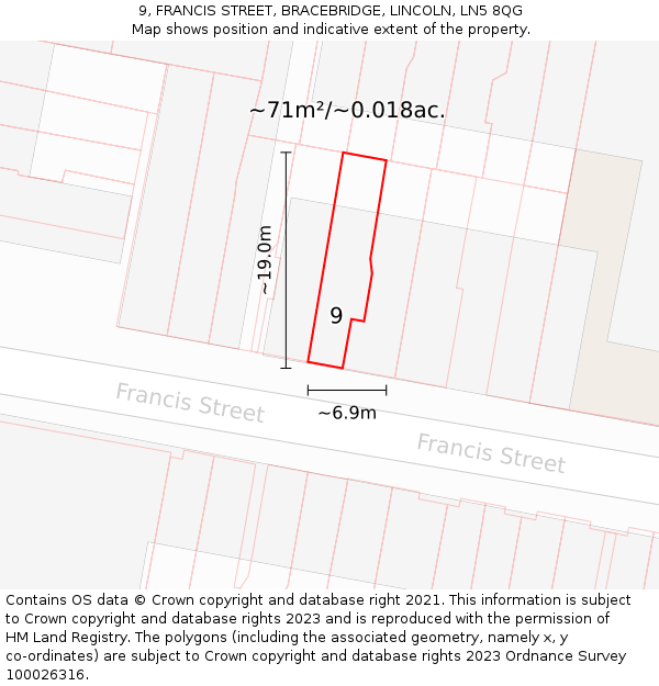 9, FRANCIS STREET, BRACEBRIDGE, LINCOLN, LN5 8QG: Plot and title map