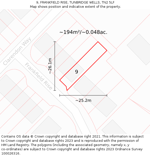 9, FRANKFIELD RISE, TUNBRIDGE WELLS, TN2 5LF: Plot and title map