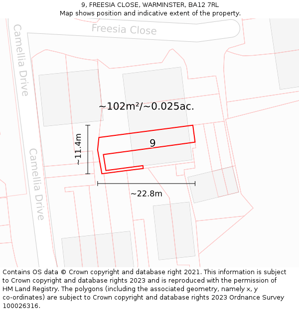 9, FREESIA CLOSE, WARMINSTER, BA12 7RL: Plot and title map