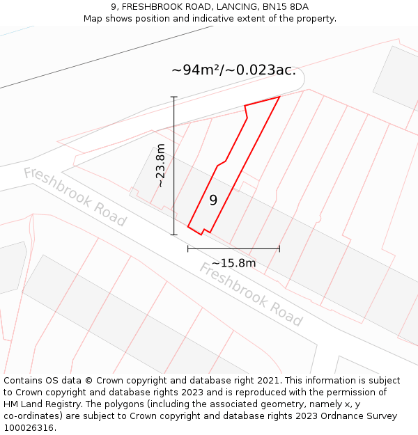 9, FRESHBROOK ROAD, LANCING, BN15 8DA: Plot and title map