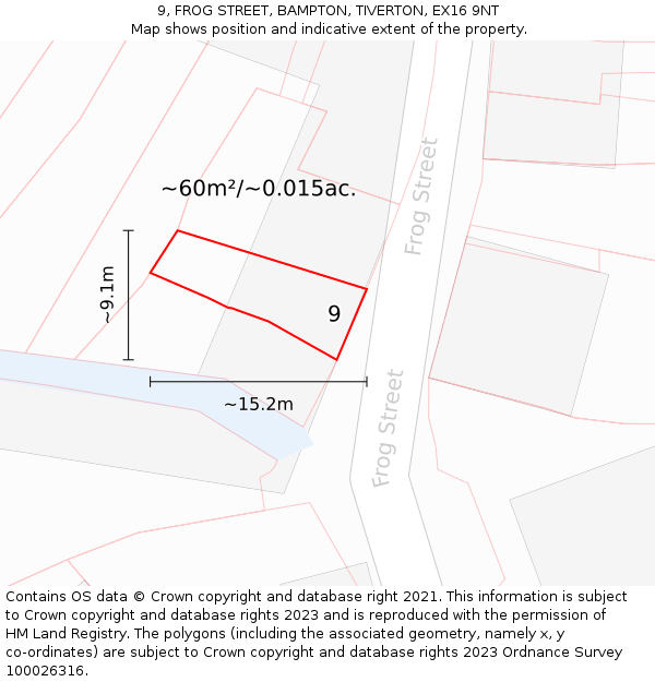 9, FROG STREET, BAMPTON, TIVERTON, EX16 9NT: Plot and title map