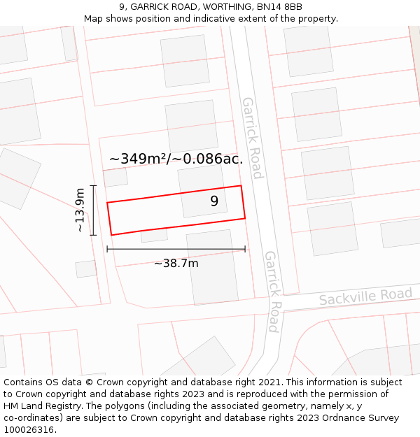 9, GARRICK ROAD, WORTHING, BN14 8BB: Plot and title map