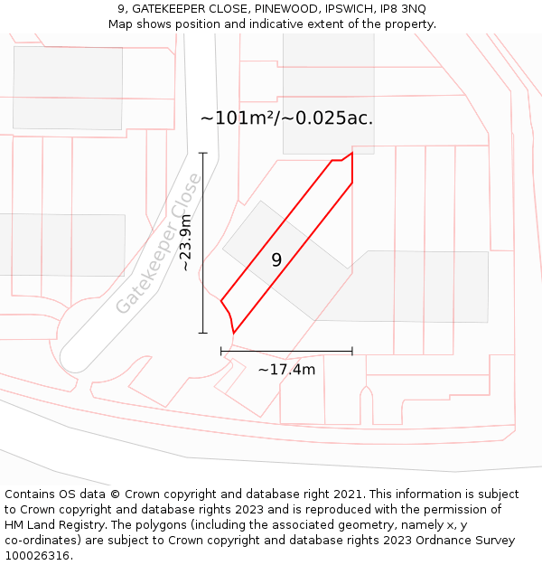 9, GATEKEEPER CLOSE, PINEWOOD, IPSWICH, IP8 3NQ: Plot and title map