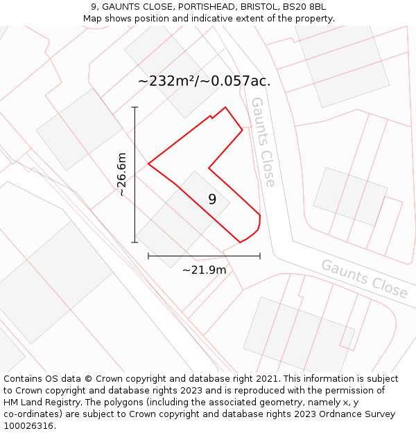 9, GAUNTS CLOSE, PORTISHEAD, BRISTOL, BS20 8BL: Plot and title map