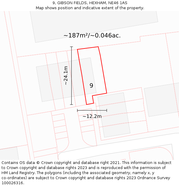 9, GIBSON FIELDS, HEXHAM, NE46 1AS: Plot and title map