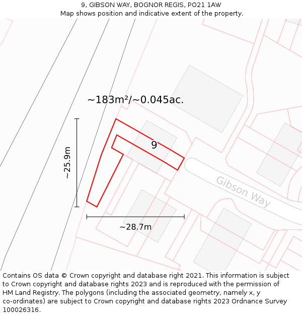 9, GIBSON WAY, BOGNOR REGIS, PO21 1AW: Plot and title map