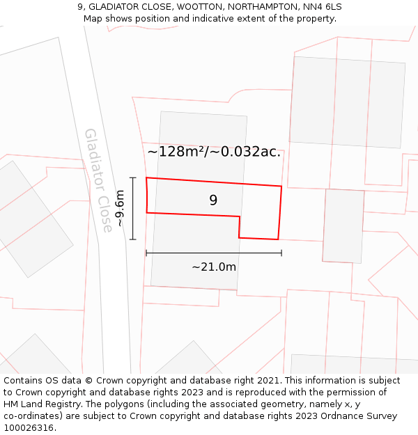 9, GLADIATOR CLOSE, WOOTTON, NORTHAMPTON, NN4 6LS: Plot and title map