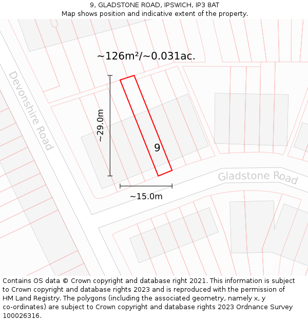 9, GLADSTONE ROAD, IPSWICH, IP3 8AT: Plot and title map