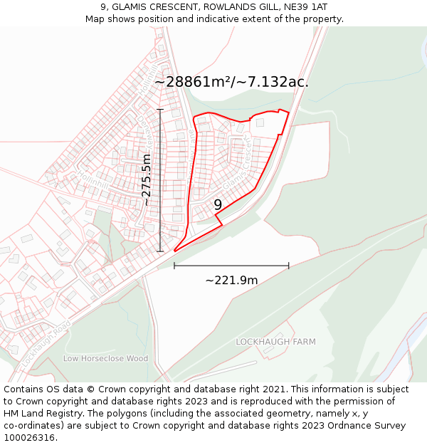 9, GLAMIS CRESCENT, ROWLANDS GILL, NE39 1AT: Plot and title map