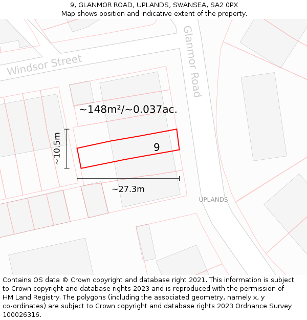 9, GLANMOR ROAD, UPLANDS, SWANSEA, SA2 0PX: Plot and title map