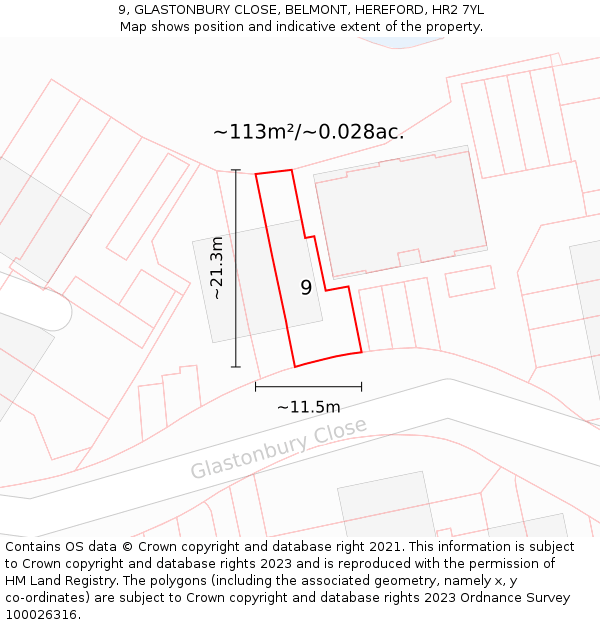 9, GLASTONBURY CLOSE, BELMONT, HEREFORD, HR2 7YL: Plot and title map