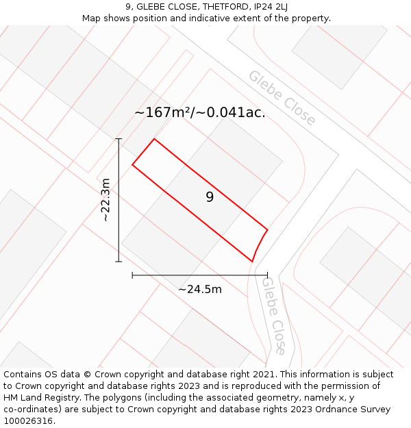 9, GLEBE CLOSE, THETFORD, IP24 2LJ: Plot and title map