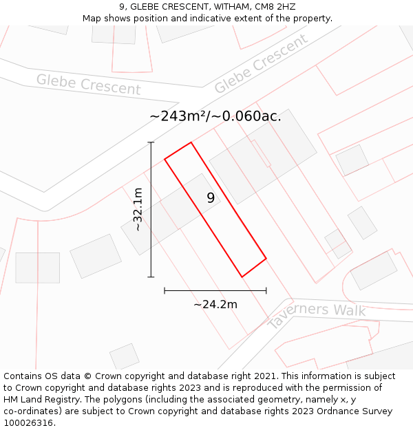 9, GLEBE CRESCENT, WITHAM, CM8 2HZ: Plot and title map