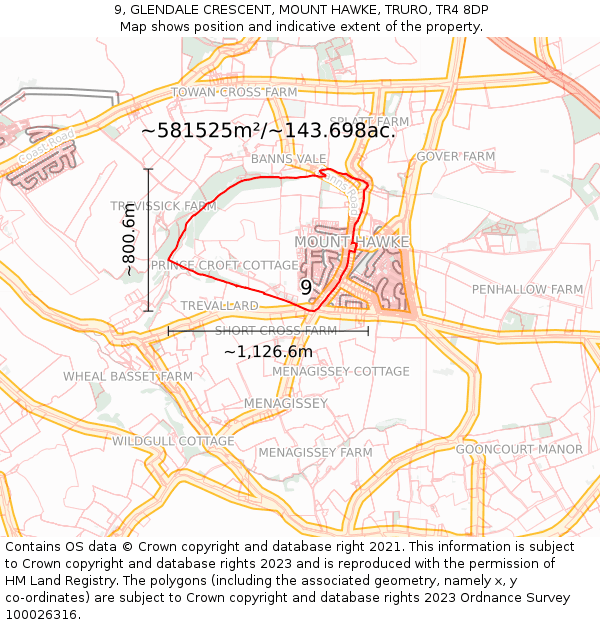 9, GLENDALE CRESCENT, MOUNT HAWKE, TRURO, TR4 8DP: Plot and title map