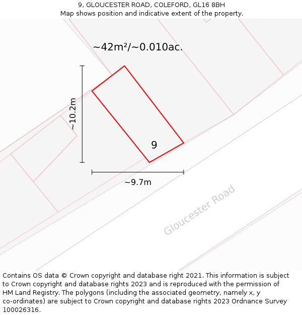 9, GLOUCESTER ROAD, COLEFORD, GL16 8BH: Plot and title map