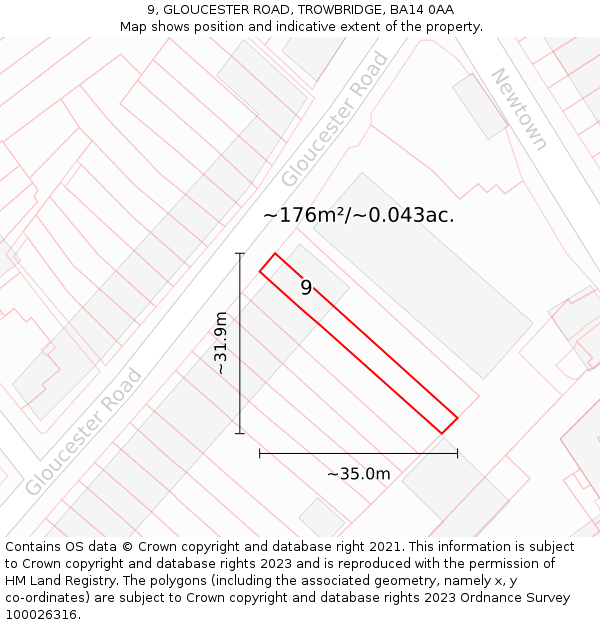 9, GLOUCESTER ROAD, TROWBRIDGE, BA14 0AA: Plot and title map