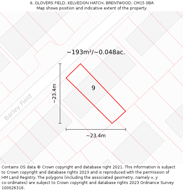9, GLOVERS FIELD, KELVEDON HATCH, BRENTWOOD, CM15 0BA: Plot and title map